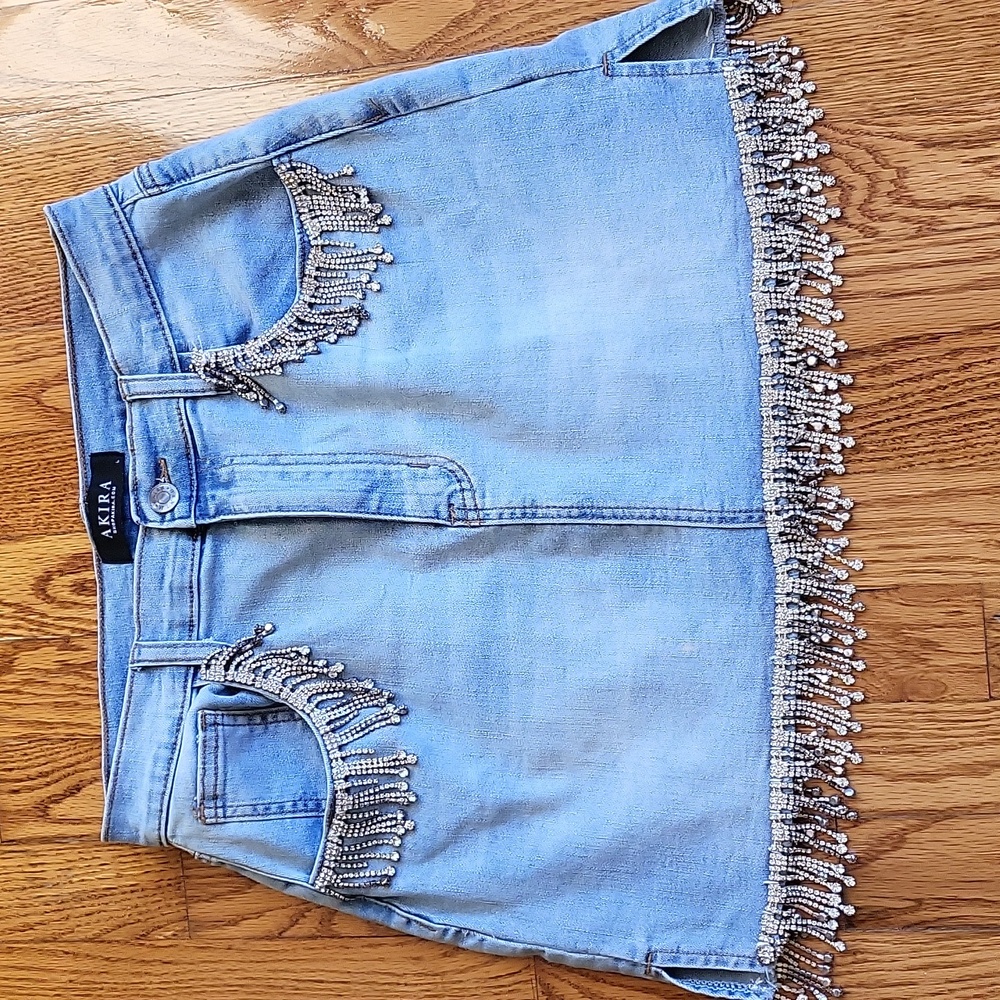 Akira EUC women's unique sexy rhinestone jean skirt size L.